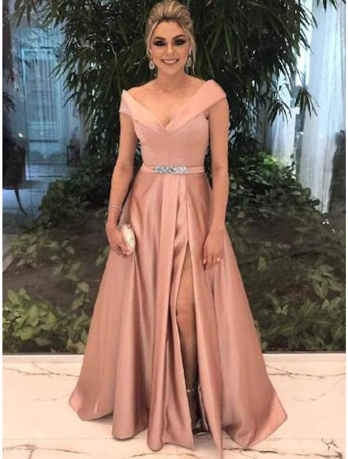 Wholesale  A-Line Elegant Prom Formal Evening Valentine's Day Dress Off Shoulder Short Sleeve Sweep / Brush Train Satin with Split Front