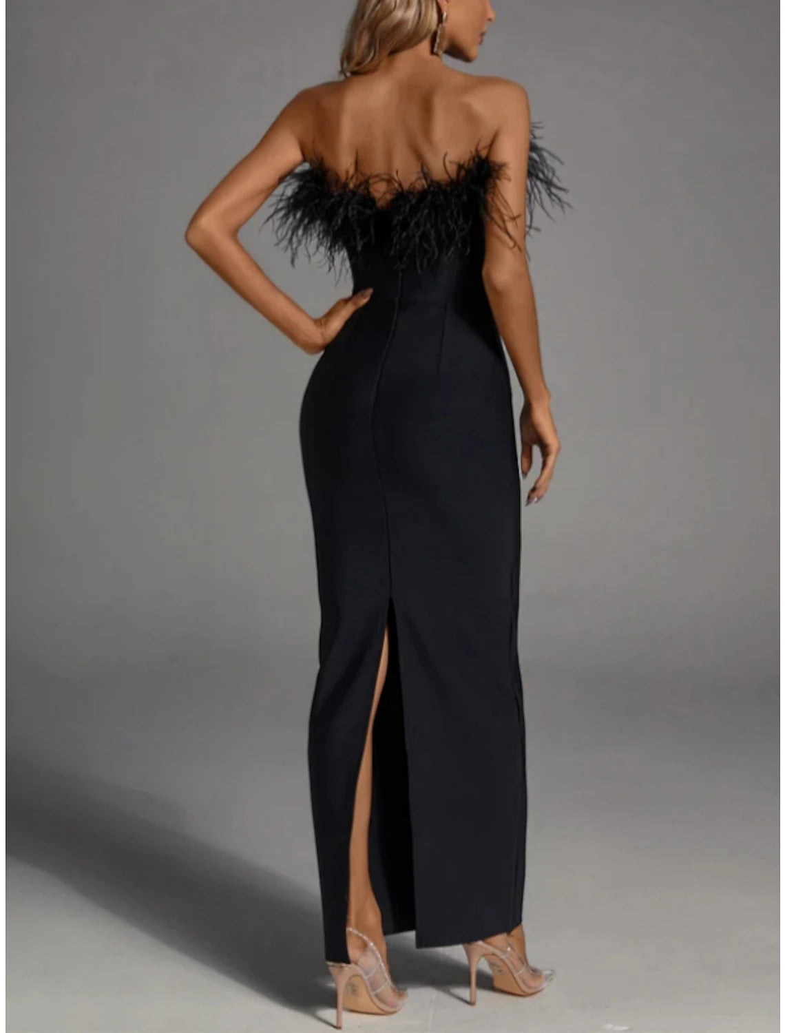 Wholesale Black Sheath / Column Evening Gown Elegant Dress Formal Fall Ankle Length Sleeveless Strapless Stretch Fabric with Feather Slit