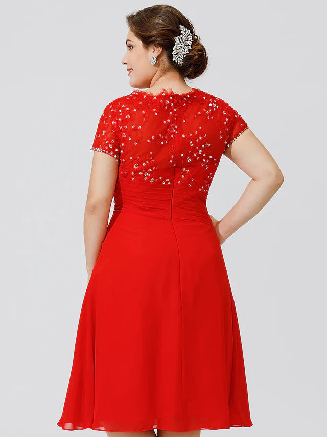 Wholesale A-Line Mother of the Bride Dress Elegant & Luxurious Beautiful Back Plus Size Jewel Neck Knee Length Chiffon Beaded Lace Short Sleeve No with Pleats Beading Flower