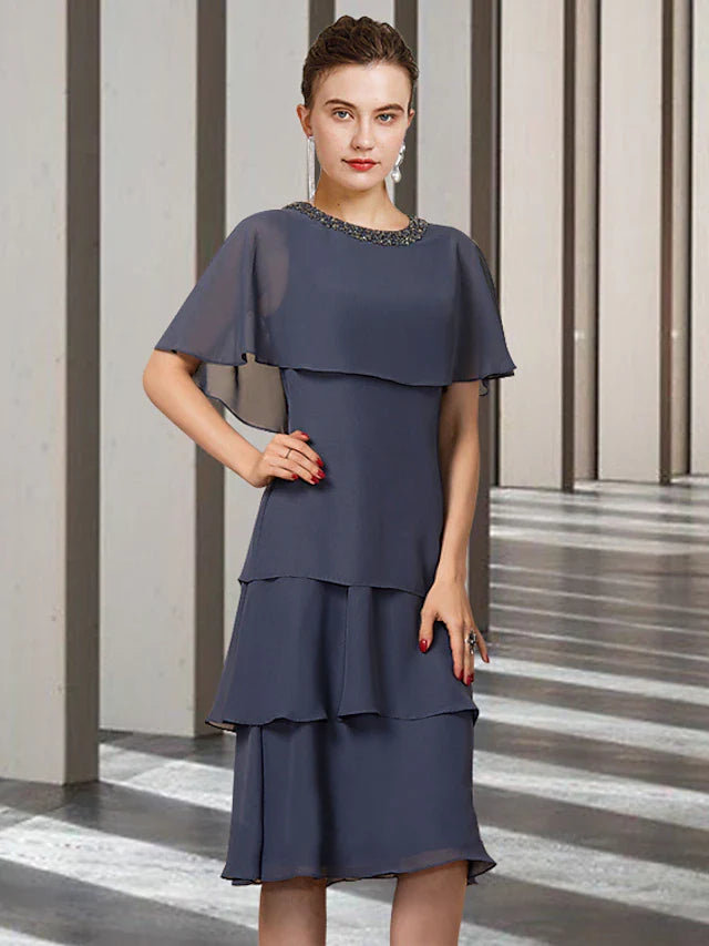 Wholesale Sheath / Column Mother of the Bride Dress Elegant Jewel Neck Knee Length Chiffon Short Sleeve with Beading Ruffles