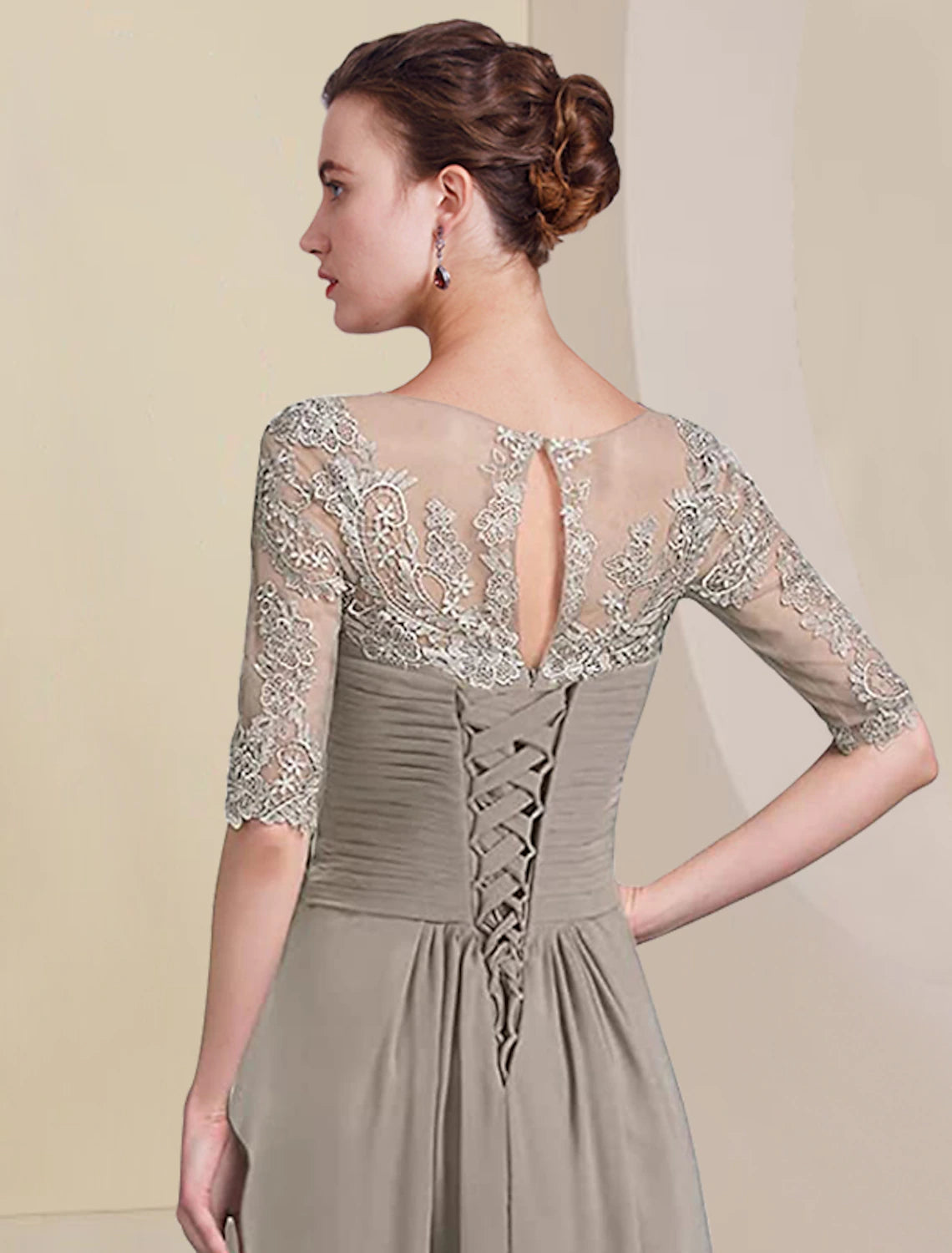 Wholesale  Two Piece A-Line Mother of the Bride Dress Formal Wedding Guest Elegant High Low V Neck Asymmetrical Tea Length Chiffon Lace Half Sleeve Wrap Included with Ruched Appliques