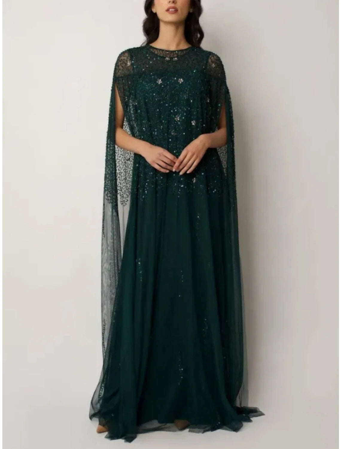 Wholesale Sheath / Column Mother of the Bride Dress Wedding Guest Elegant Jewel Neck Sweep / Brush Train Stretch Chiffon Short Sleeve with Sequin Ruching Solid Color