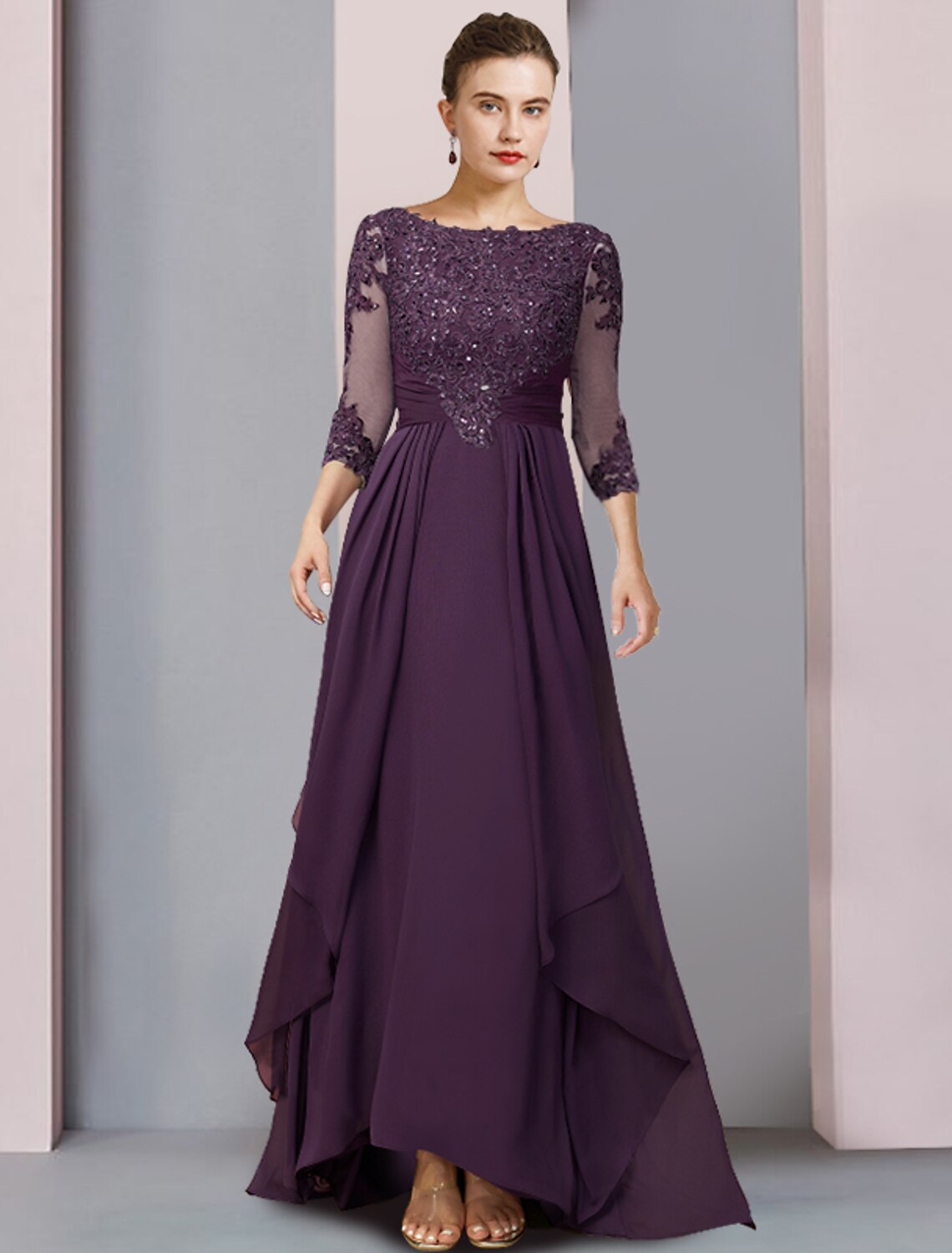 Wholesale  Sheath / Column Mother of the Bride Dress Formal Party Elegant Scoop Neck Asymmetrical Chiffon Lace 3/4 Length Sleeve with Pleats Sequin