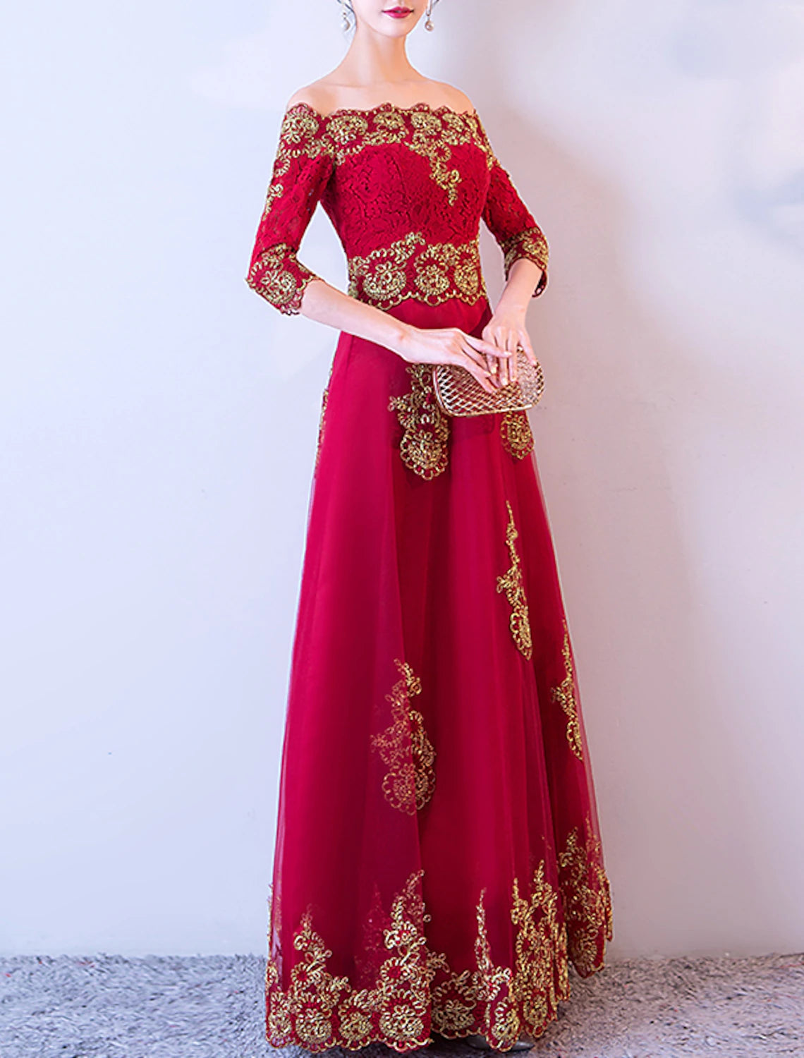 Wholesale A-Line Glittering Floral Engagement Formal Evening Dress Off Shoulder Half Sleeve Floor Length Lace with Embroidery Appliques