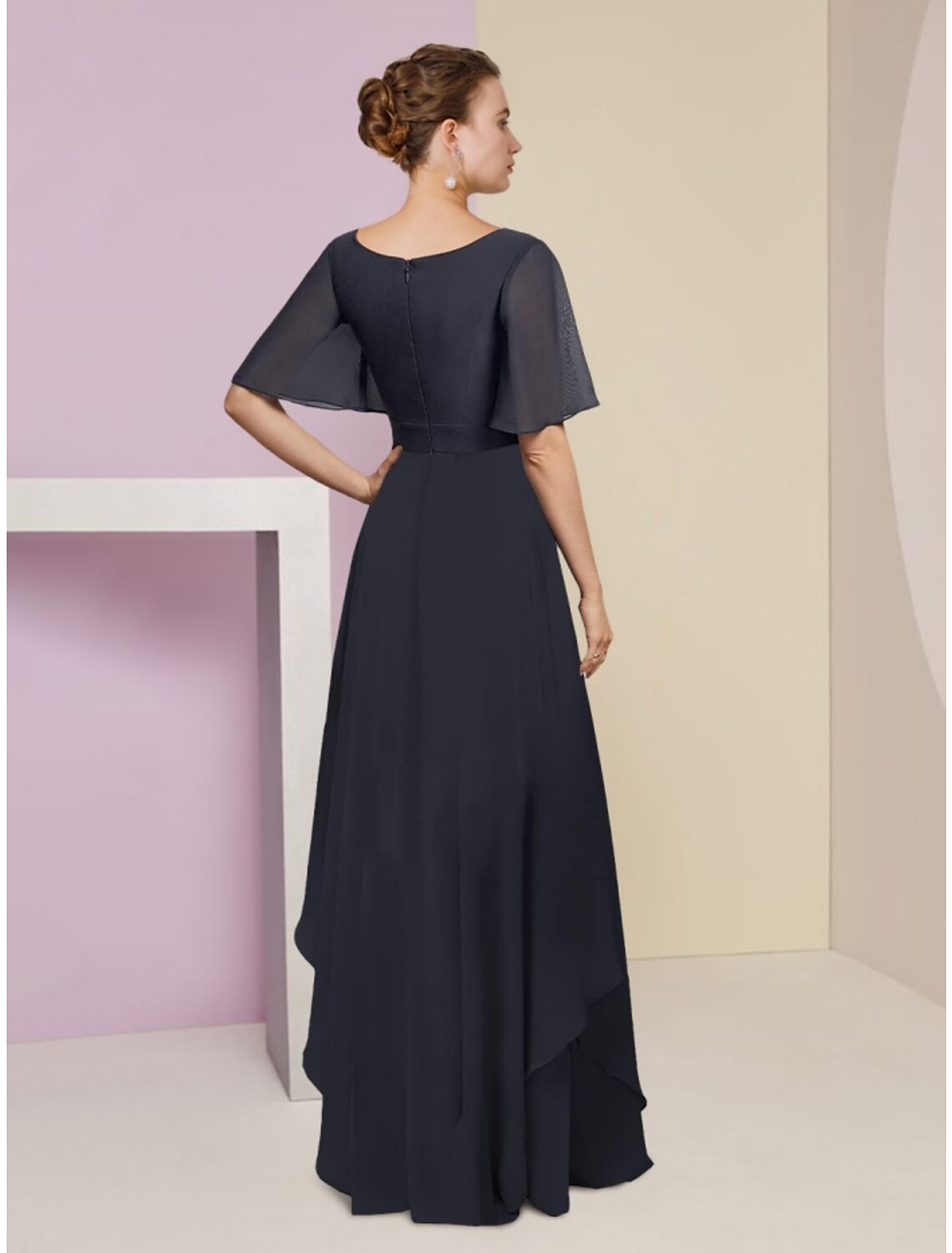 Wholesale A-Line Mother of the Bride Dress Wedding Guest Elegant V Neck Floor Length Chiffon Short Sleeve with Crystal Brooch Ruching