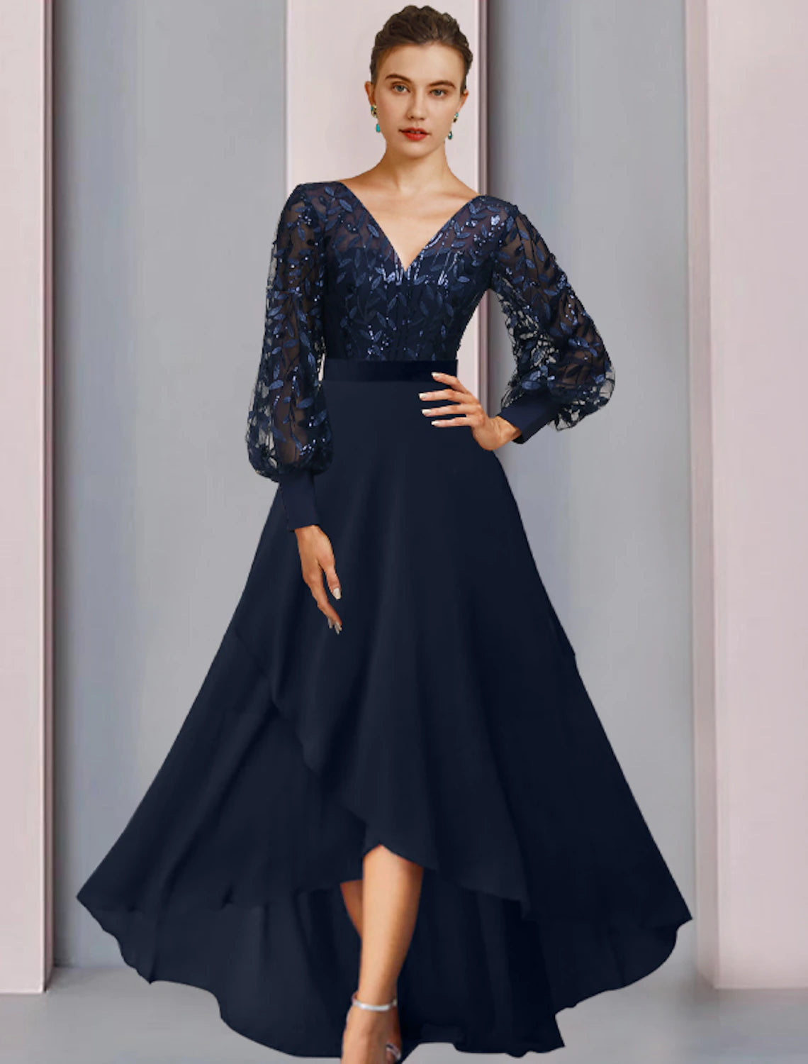 Wholesale  A-Line Mother of the Bride Dress Wedding Guest Sparkle & Shine High Low Jewel Neck Asymmetrical Tea Length Chiffon Lace Sequined Long Sleeve with Sequin Appliques Fall
