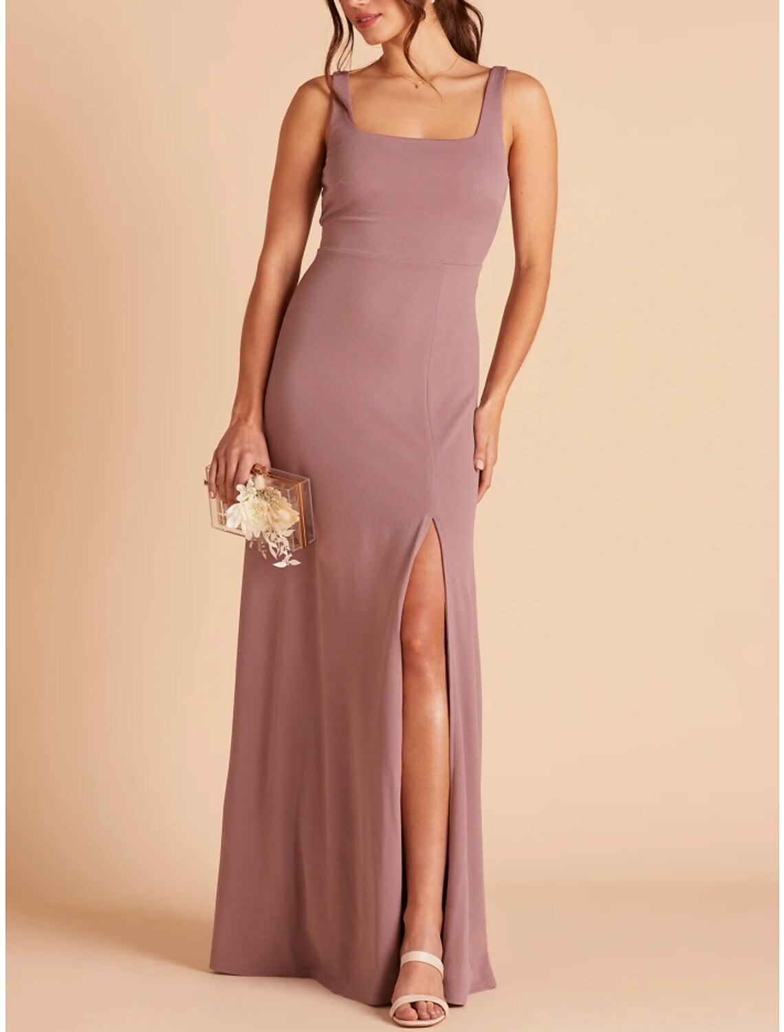 Wholesale Sheath / Column Bridesmaid Dress Square Neck Sleeveless Pink Floor Length Stretch Chiffon with Split Front / Ruching