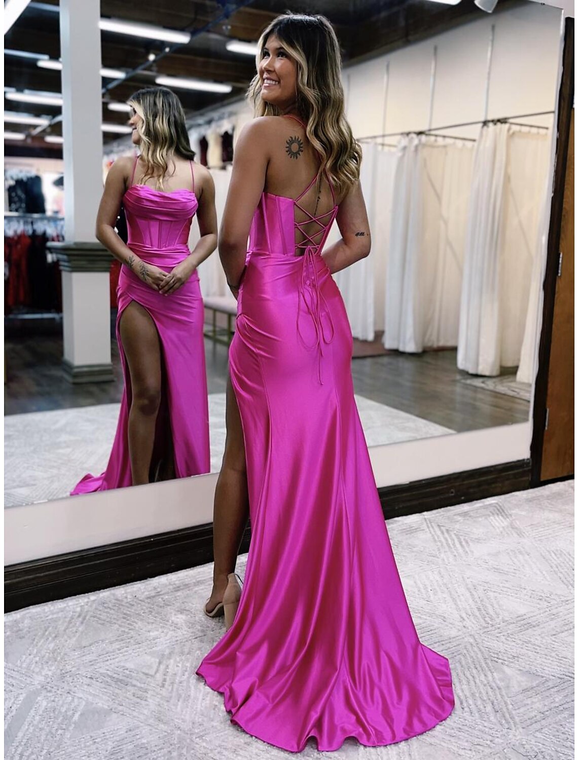 Wholesale  Mermaid / Trumpet Prom Dresses Empire Dress Formal Wedding Party Sweep / Brush Train Sleeveless Spaghetti Strap Satin Backless with Pleats