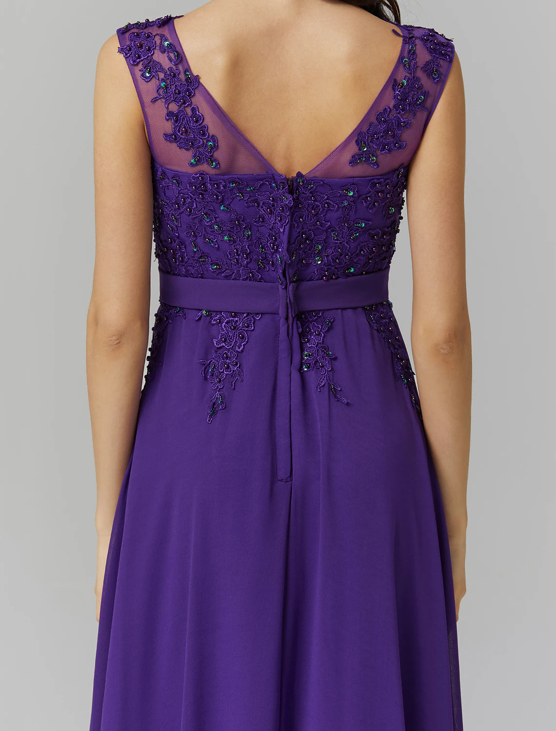 Wholesale A-Line Chinese Style Dress Wedding Guest Prom Floor Length Sleeveless Illusion Neck Chiffon V Back with Beading Appliques