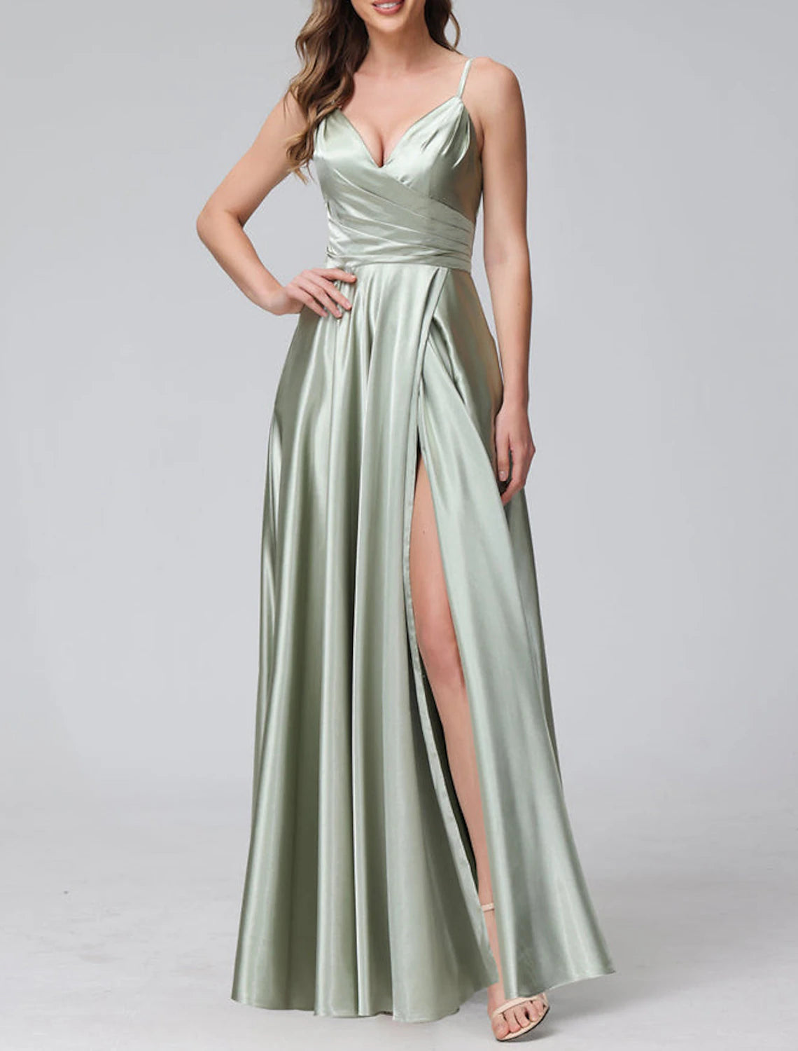 Wholesale A-Line Bridesmaid Dress Spaghetti Strap Sleeveless Elegant Floor Length Satin with Split Front / Ruching