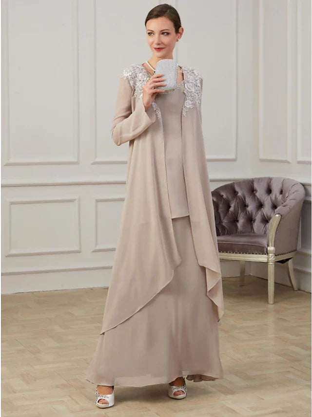 Wholesale A-Line Mother of the Bride Dress Elegant Jewel Neck Floor Length Chiffon Long Sleeve Jacket Dresses with Appliques