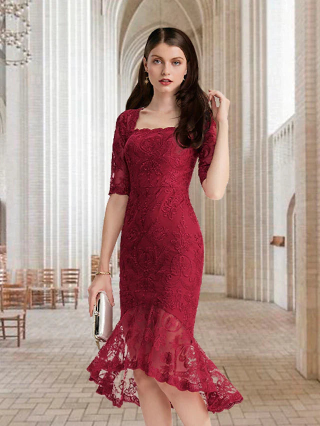 Wholesale Mermaid / Trumpet Mother of the Bride Dress Vintage Elegant High Low Square Neck Asymmetrical Tea Length Lace Half Sleeve with Ruffles Appliques