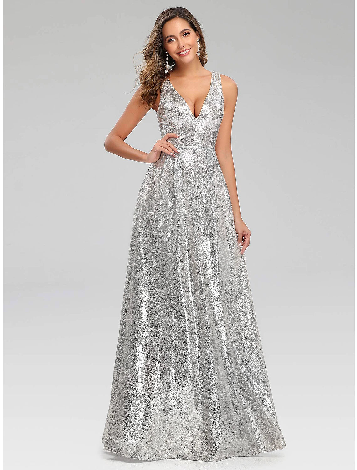Wholesale  A-Line Prom Dresses Sparkle Dress Wedding Guest Engagement Floor Length Sleeveless V Neck Polyester V Back with Sequin