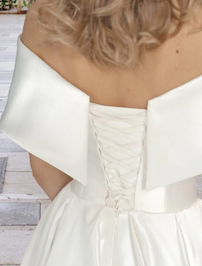 Wholesale Reception Wedding Dresses Simple Wedding Dresses Ball Gown Off Shoulder Cap Sleeve Tea Length Lace Bridal Gowns With Pleats Appliques Summer Wedding Party