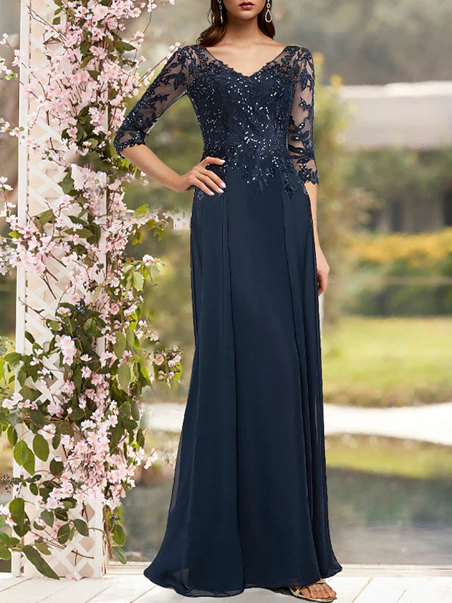 Wholesale Sheath / Column Mother of the Bride Dress Elegant Sparkle & Shine V Neck Floor Length Chiffon Lace 3/4 Length Sleeve with Sequin Appliques