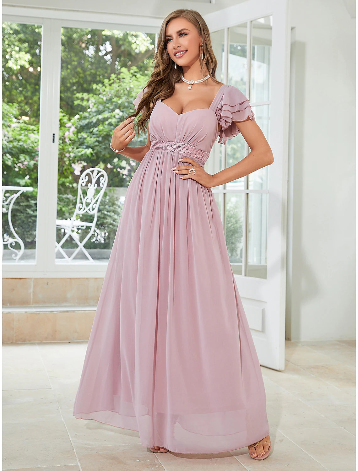 Wholesale  A-Line Wedding Guest Dresses Elegant Dress Party Wear Wedding Party Floor Length Short Sleeve Square Neck Chiffon with Ruffles