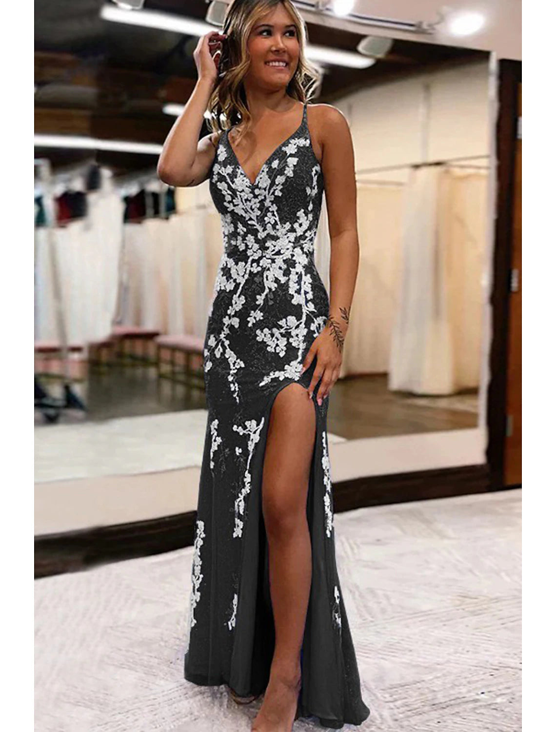 Wholesale  Mermaid / Trumpet Prom Dresses Open Back Dress Formal Wedding Party Sweep / Brush Train Sleeveless V Neck Tulle Backless with Slit Appliques