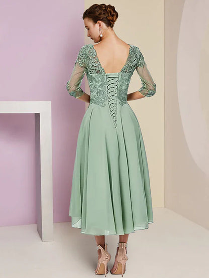 Wholesale Two Piece A-Line Mother of the Bride Dress Formal Wedding Guest Elegant High Low Scoop Neck Asymmetrical Tea Length Chiffon Lace Half Sleeve Wrap Included with Beading Appliques