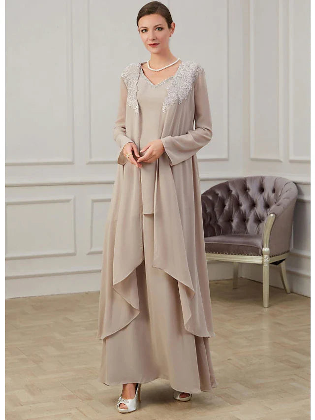 Wholesale A-Line Mother of the Bride Dress Elegant Jewel Neck Floor Length Chiffon Long Sleeve Jacket Dresses with Appliques