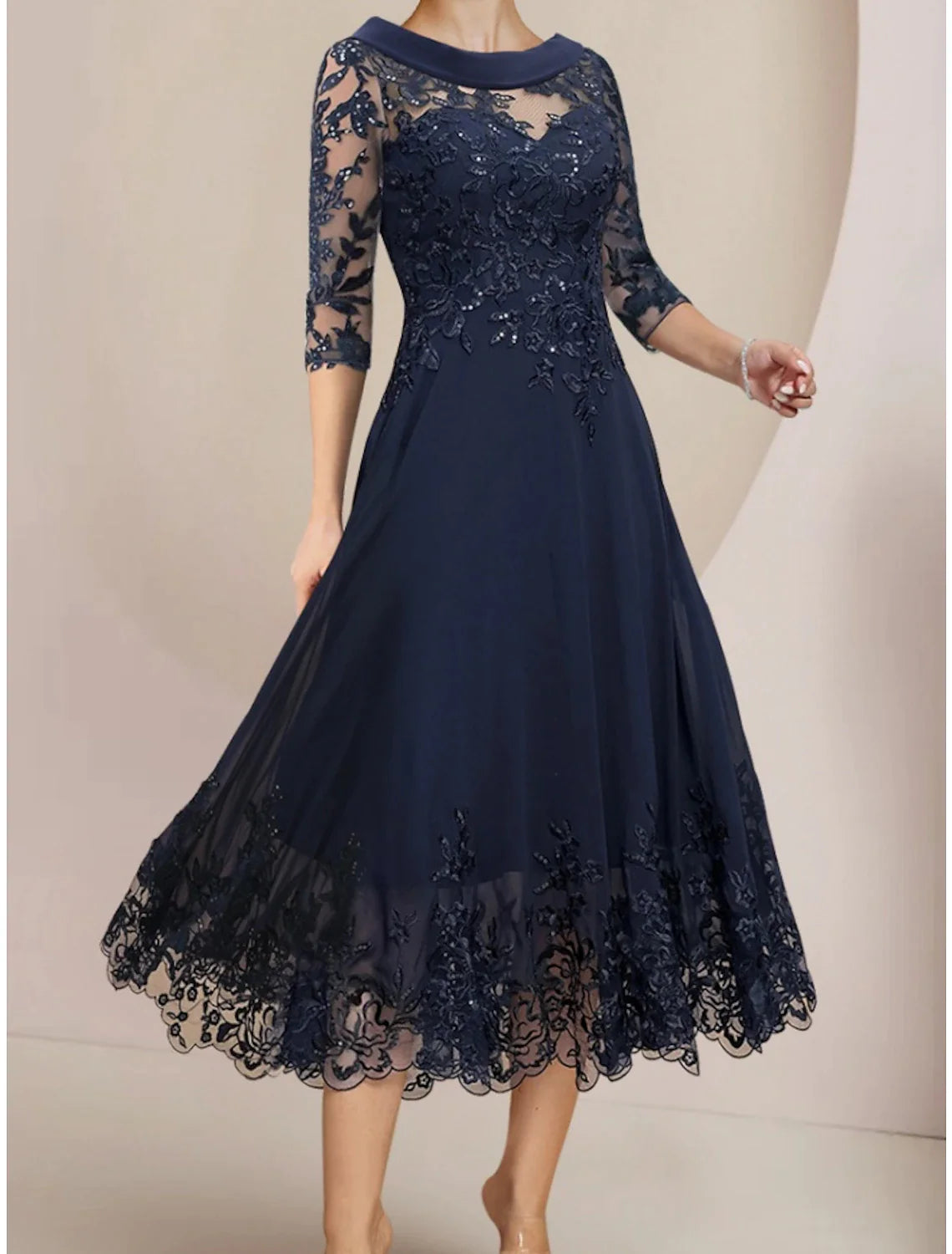Wholesale A-Line Mother of the Bride Dress Wedding Guest Elegant Petite Scoop Neck Tea Length Chiffon Lace Half Sleeve with Sequin Ruching Solid Color