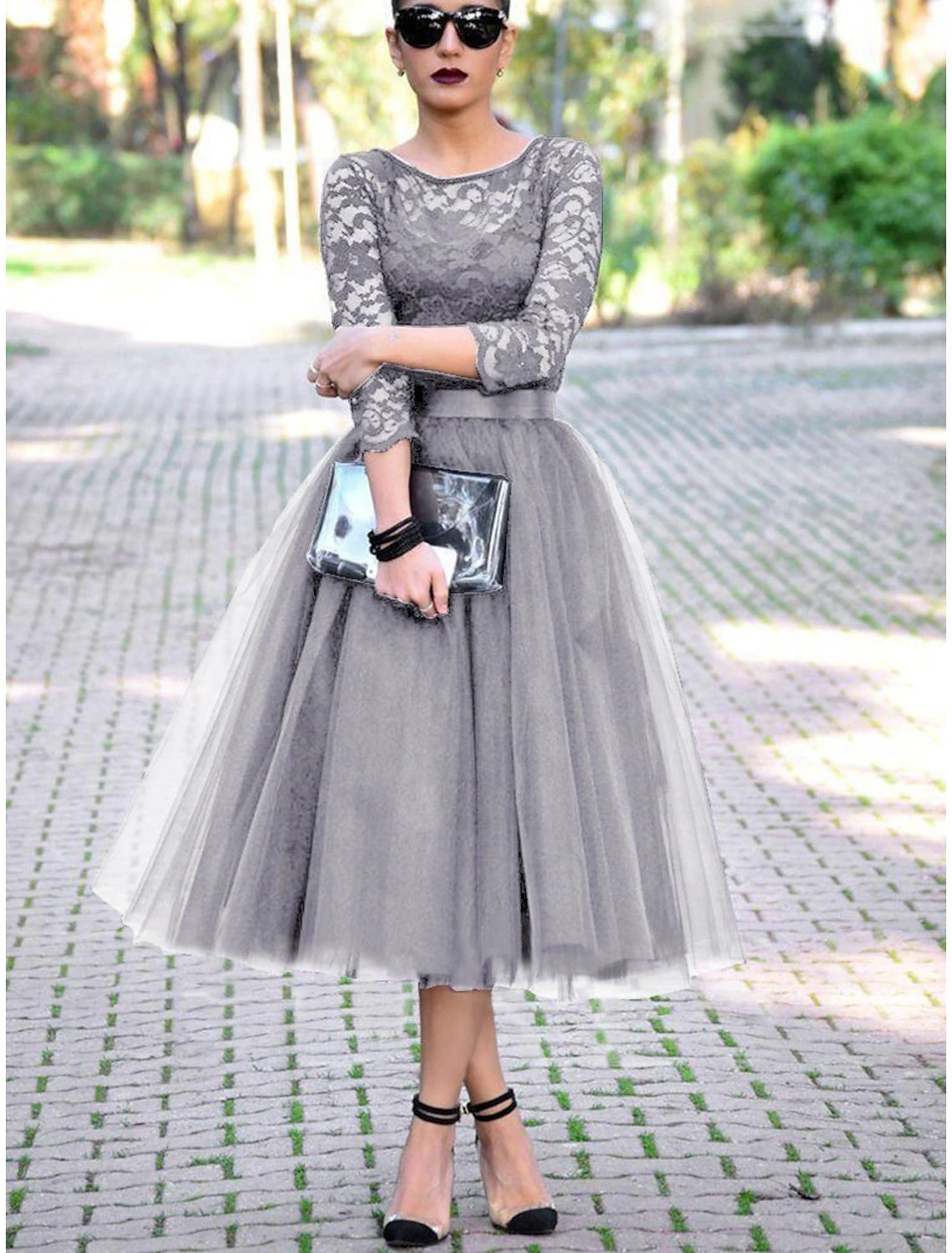 Wholesale A-Line Cocktail Black Dress Vintage Dress Halloween Ankle Length 3/4 Length Sleeve Jewel Neck Fall Wedding Guest Tulle with Pleats Lace Insert