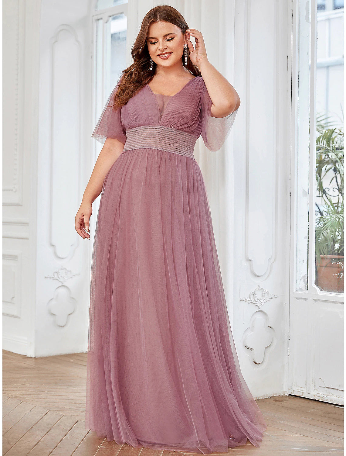 Wholesale A-Line Bridesmaid Dress V Neck Short Sleeve Plus Size Floor Length Tulle with Ruffles / Draping / Tier