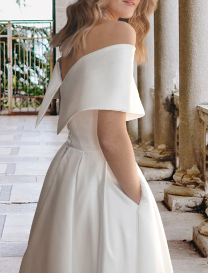 Wholesale Reception Wedding Dresses Simple Wedding Dresses Ball Gown Off Shoulder Cap Sleeve Tea Length Lace Bridal Gowns With Pleats Appliques Summer Wedding Party