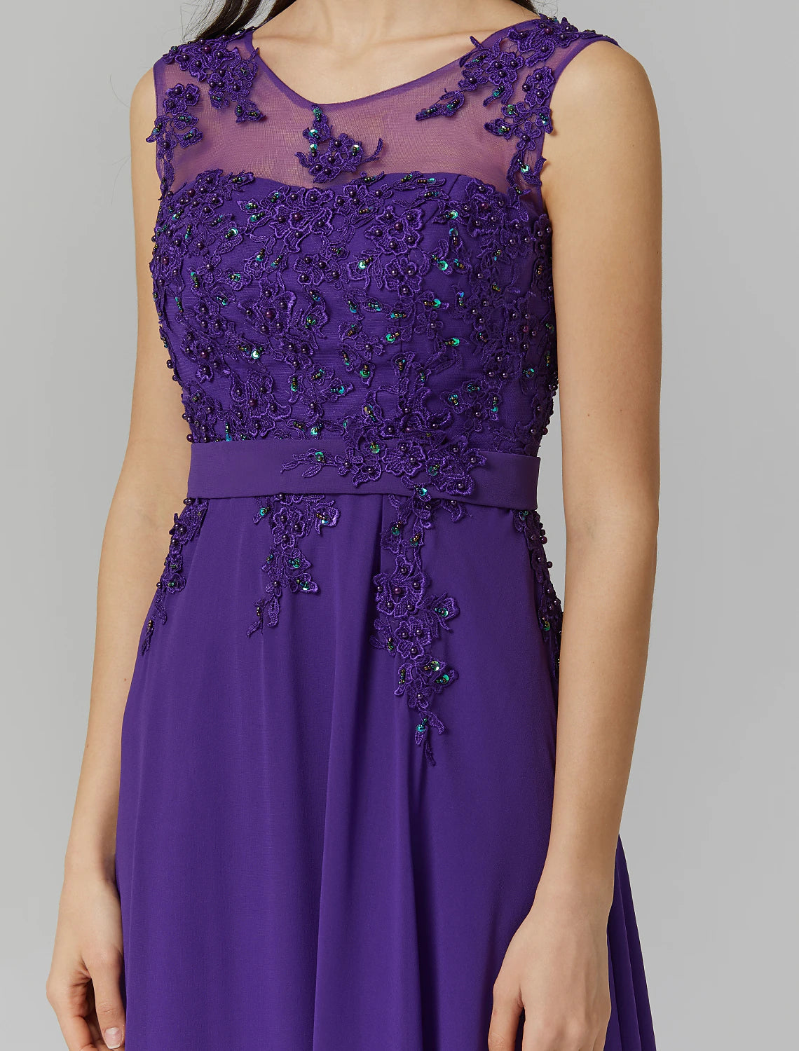 Wholesale A-Line Chinese Style Dress Wedding Guest Prom Floor Length Sleeveless Illusion Neck Chiffon V Back with Beading Appliques