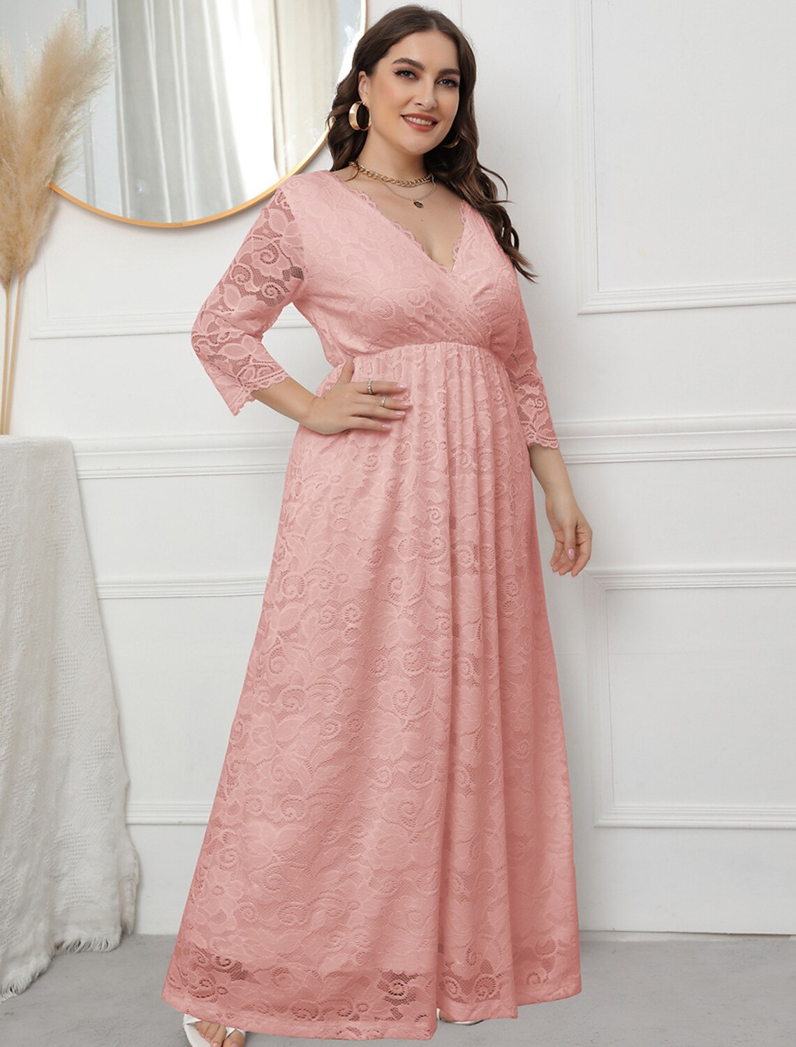 Wholesale A-Line Evening Gown Vintage Dress Party Wear Formal Evening Floor Length 3/4 Length Sleeve V Neck Lace with Sleek Lace