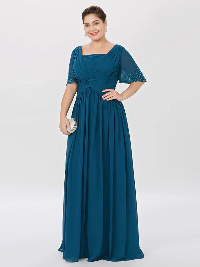 Wholesale Ball Gown A-Line Mother of the Bride Dress Formal Classic & Timeless Elegant & Luxurious Plus Size Square Neck Floor Length Chiffon Short Sleeve No with Pleats Beading
