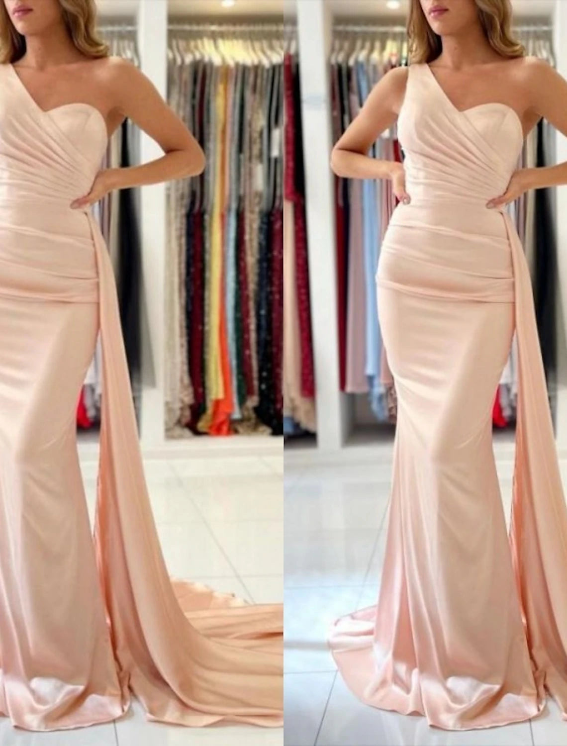 Wholesale Mermaid / Trumpet Bridesmaid Dress One Shoulder Sleeveless Elegant Court Train Stretch Chiffon with Draping / Solid Color