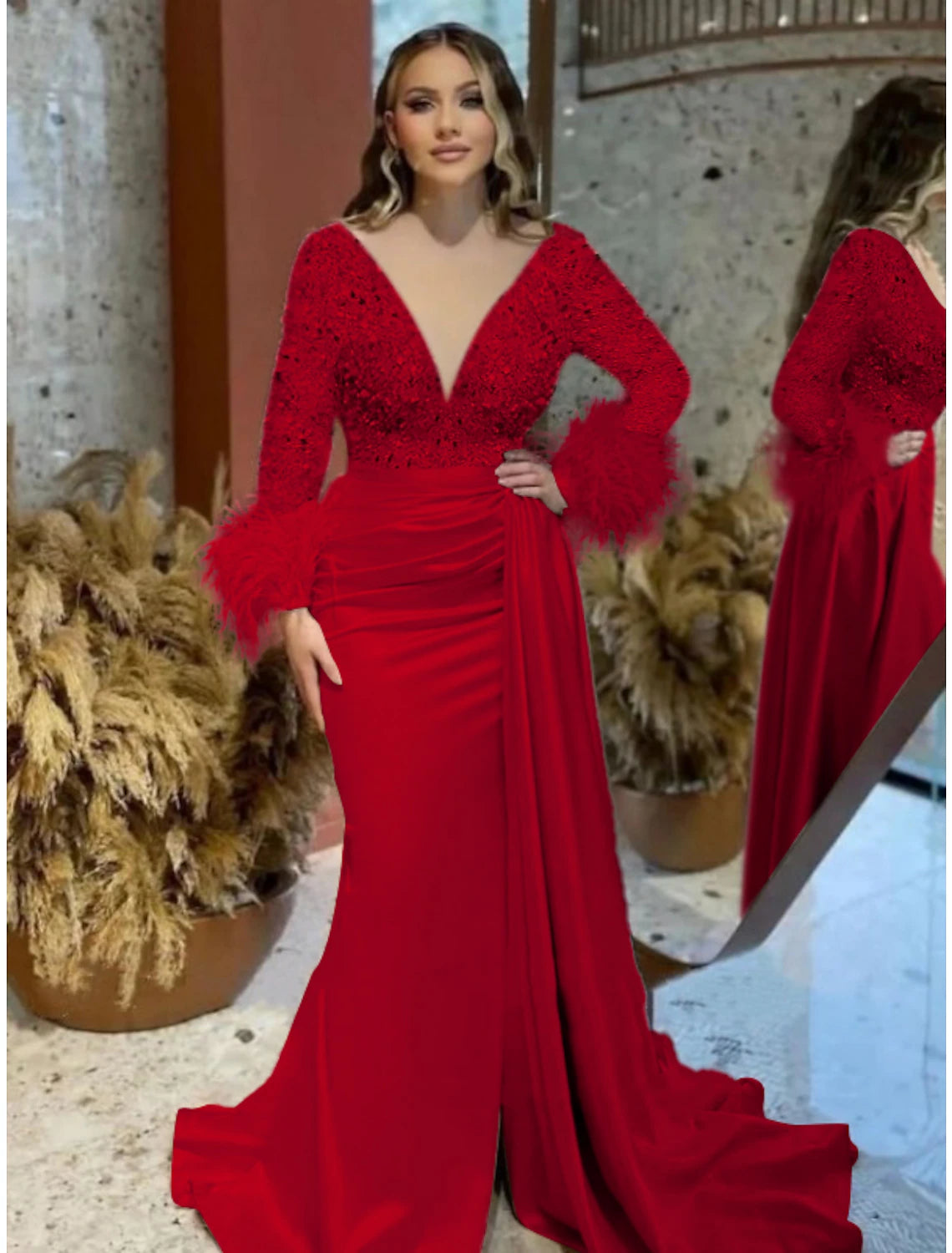 Wholesale Mermaid Plus Size Dress Champagne Satin Evening Gown Sparkle Sequin Dress Walk Through Formal Wedding Court Train Long Sleeve V Neck with Feather Glitter Ruched