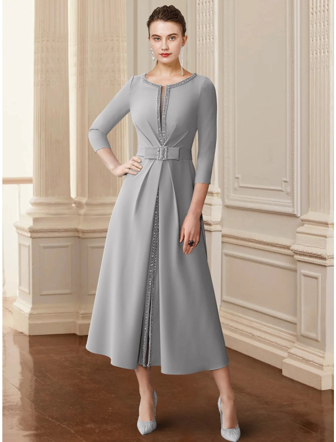 Wholesale A-Line Mother of the Bride Dress Wedding Guest Elegant Scoop Neck Tea Length Stretch Chiffon 3/4 Length Sleeve with Bow(s) Sequin Ruching