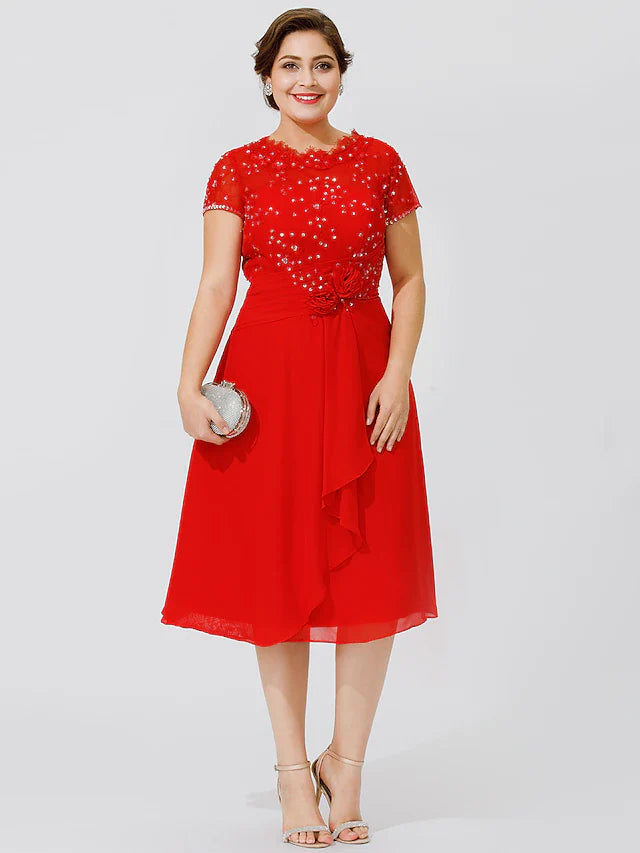 Wholesale A-Line Mother of the Bride Dress Elegant & Luxurious Beautiful Back Plus Size Jewel Neck Knee Length Chiffon Beaded Lace Short Sleeve No with Pleats Beading Flower