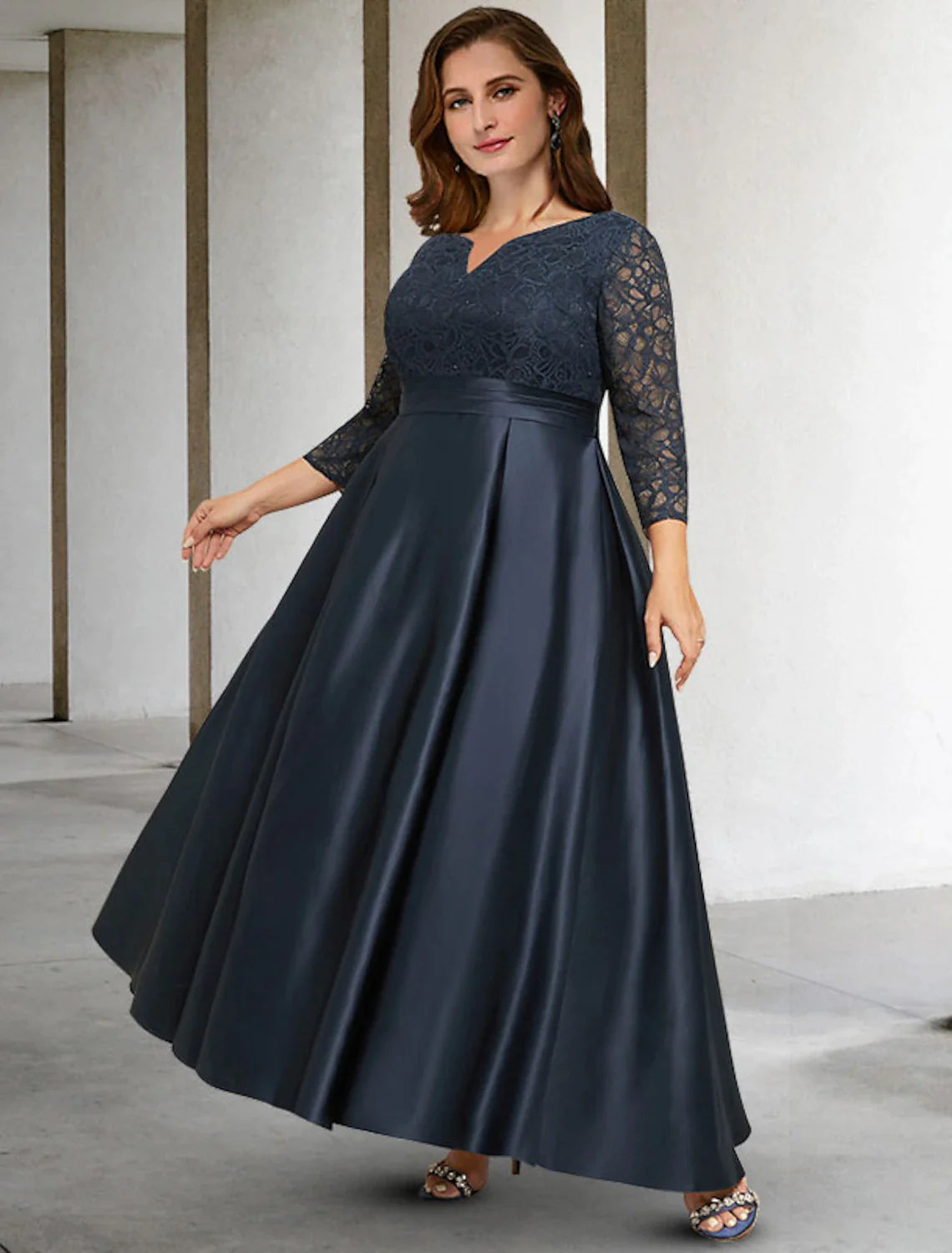 Wholesale A-Line Mother of the Bride Dresses Plus Size Hide Belly Curve Elegant Dress Formal Asymmetrical 3/4 Length Sleeve V Neck Satin with Pleats Ruched