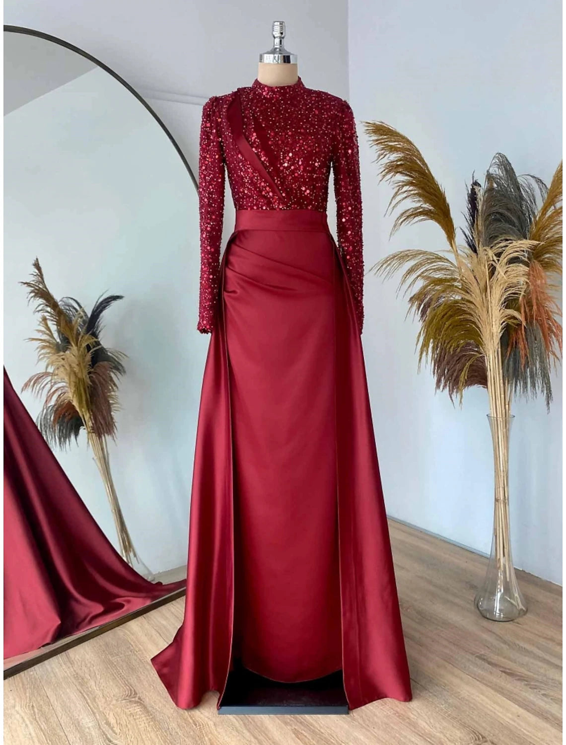 Wholesale Sheath Formal Dress Evening Gown Christmas Red Green Dress Formal Sweep / Brush Train Long Sleeve Jewel Neck Satin with Pleats Ruched Sequin