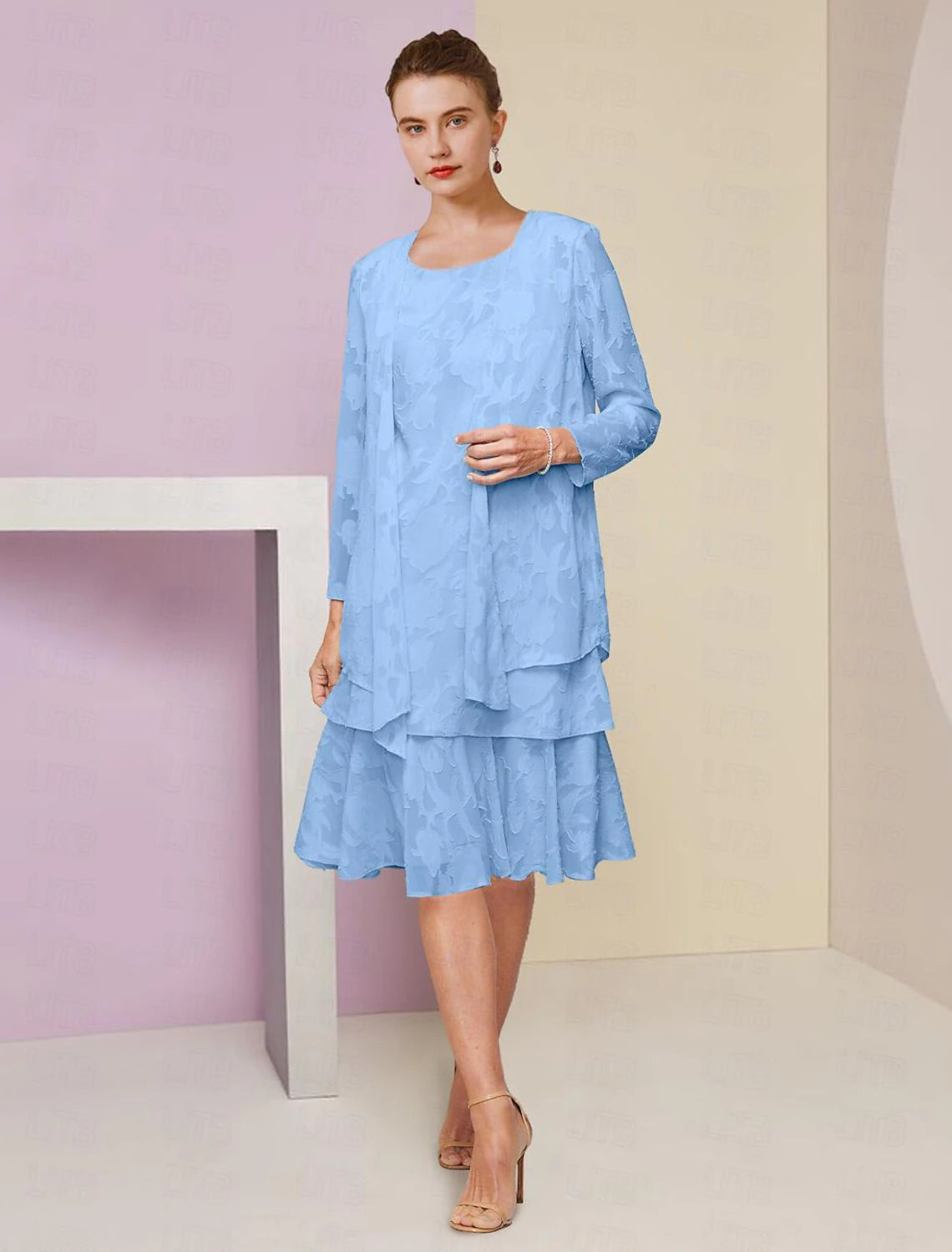 Wholesale A-Line Mother of the Bride Dress Formal Wedding Guest Elegant Scoop Neck Tea Length Chiffon Long Sleeve with Cascading Ruffles