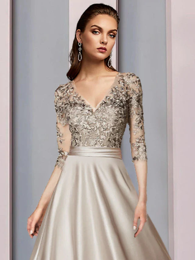 Wholesale A-Line Mother of the Bride Dress Wedding Guest Elegant V Neck Tea Length Satin Lace Half Sleeve with Pleats Appliques