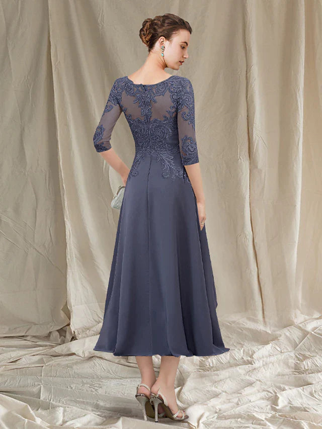 Wholesale A-Line Mother of the Bride Dress Elegant Jewel Neck Tea Length Chiffon Lace 3/4 Length Sleeve with Pleats Appliques