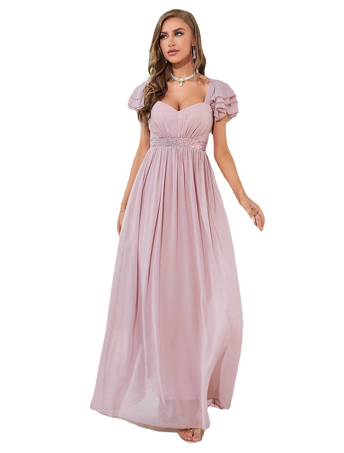 Wholesale  A-Line Wedding Guest Dresses Elegant Dress Party Wear Wedding Party Floor Length Short Sleeve Square Neck Chiffon with Ruffles