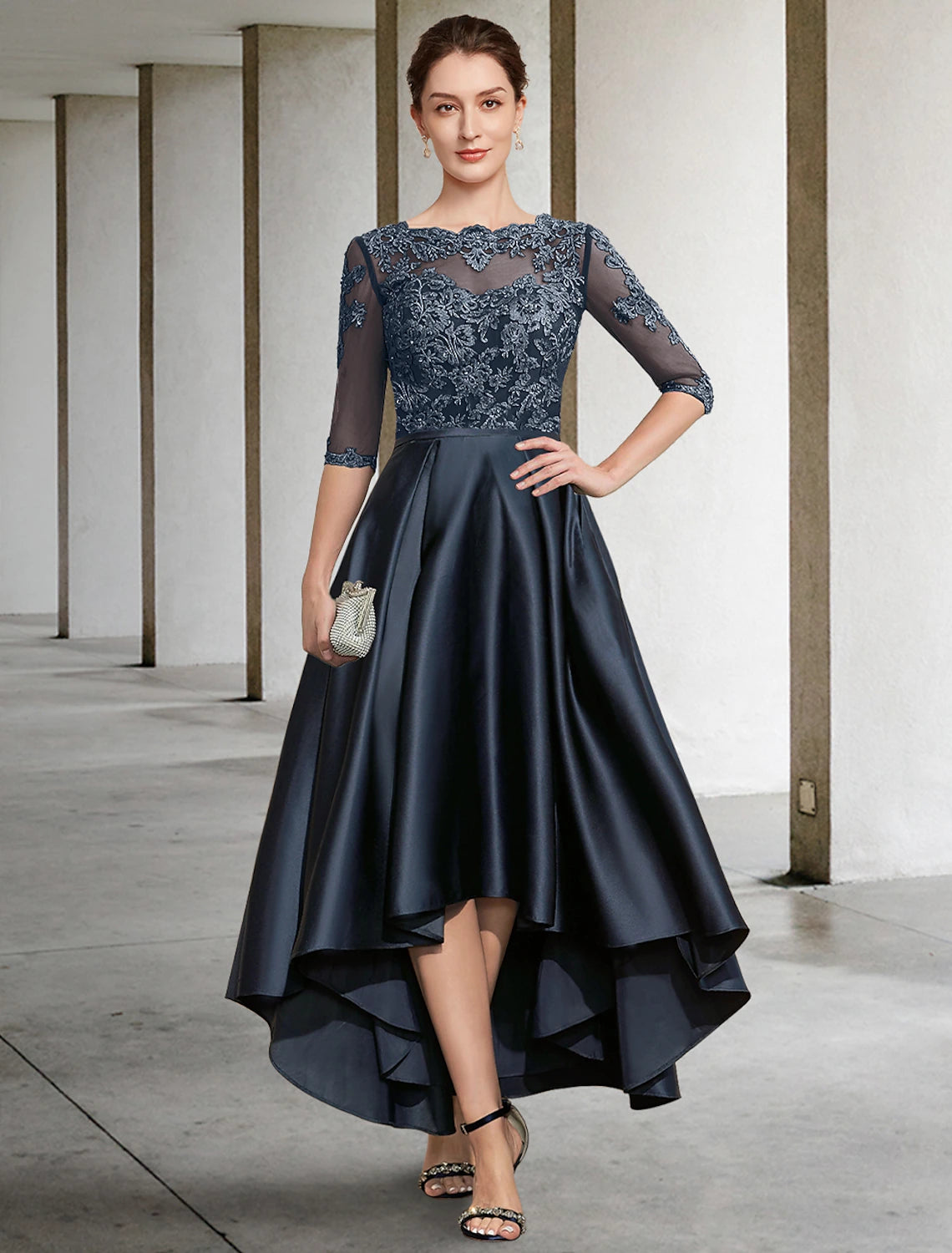 Wholesale A-Line Mother of the Bride Dress Formal Wedding Guest Elegant Jewel Neck Asymmetrical Lace Italy Satin Half Sleeve with Lace Pleats
