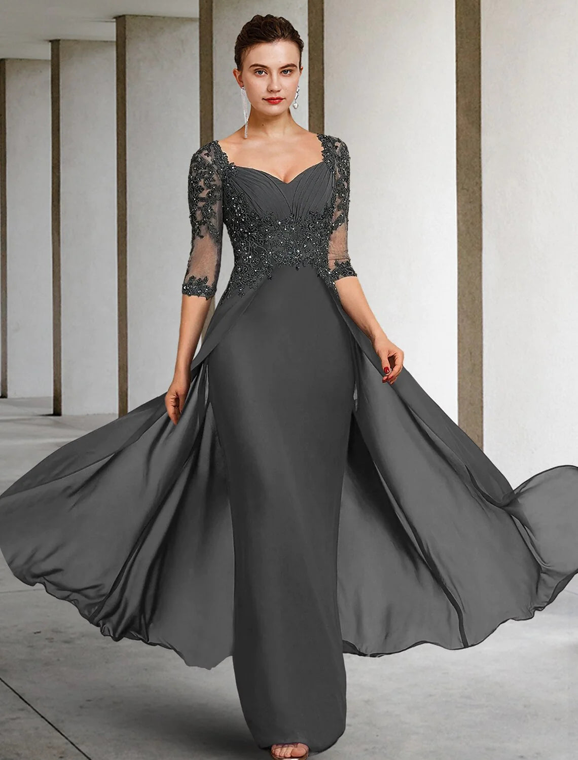 Wholesale Sheath / Column Mother of the Bride Dress Formal Wedding Guest Party Elegant Square Neck Floor Length Chiffon Lace 3/4 Length Sleeve with Sequin Appliques Ruching