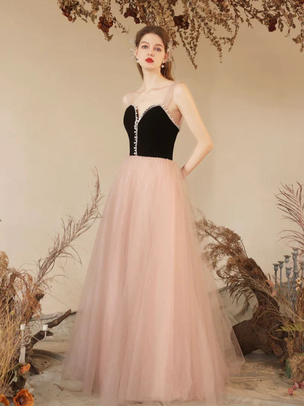 Wholesale Black Velvet and Pink Tulle Long Prom Dress Beautiful Sweetheart Neck Evening Dress