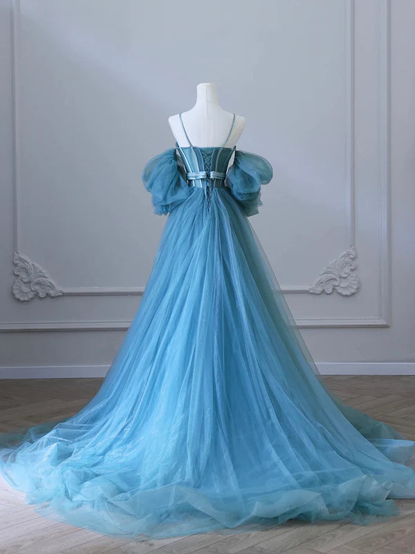 Wholesale Blue Tulle Long Spaghetti Strap Prom Dress and Corset Detachable off Shoulder Party Dress