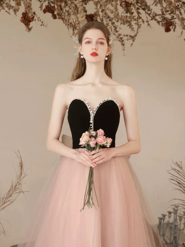 Wholesale Black Velvet and Pink Tulle Long Prom Dress Beautiful Sweetheart Neck Evening Dress