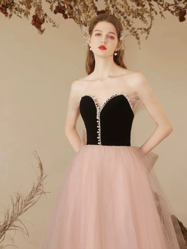 Wholesale Black Velvet and Pink Tulle Long Prom Dress Beautiful Sweetheart Neck Evening Dress