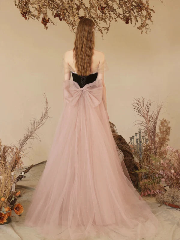 Wholesale Black Velvet and Pink Tulle Long Prom Dress Beautiful Sweetheart Neck Evening Dress