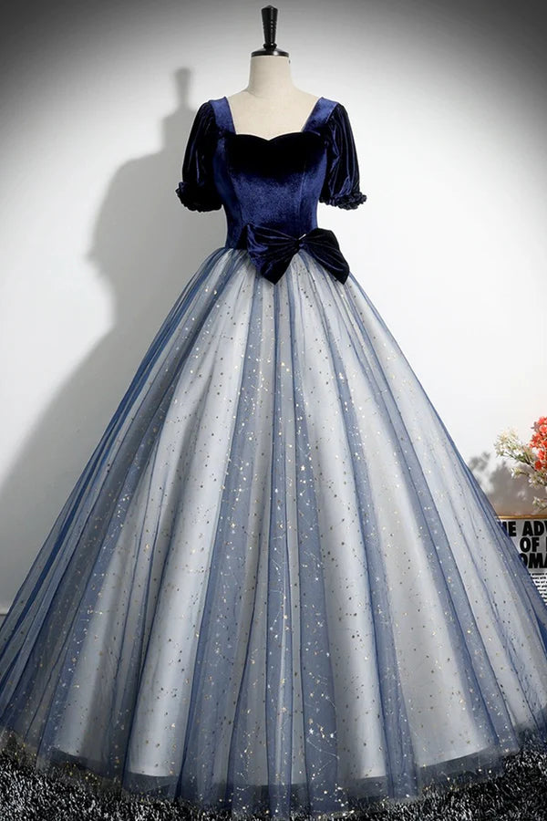 Wholesale Blue Velvet Tulle Long Prom Dress A-Line Short Sleeve Evening Party Dress