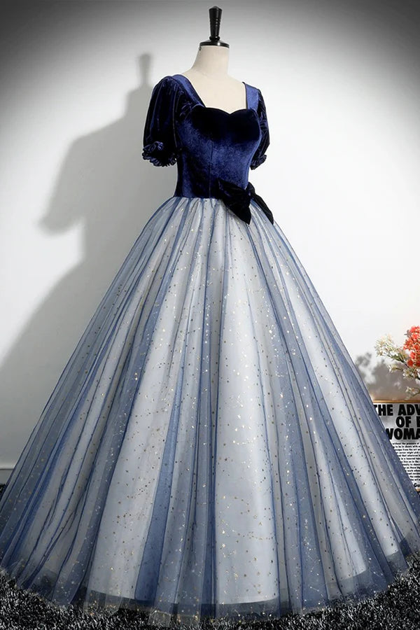 Wholesale Blue Velvet Tulle Long Prom Dress A-Line Short Sleeve Evening Party Dress
