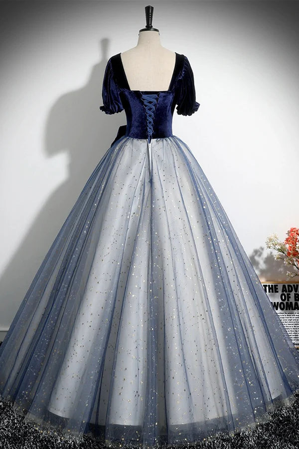 Wholesale Blue Velvet Tulle Long Prom Dress A-Line Short Sleeve Evening Party Dress